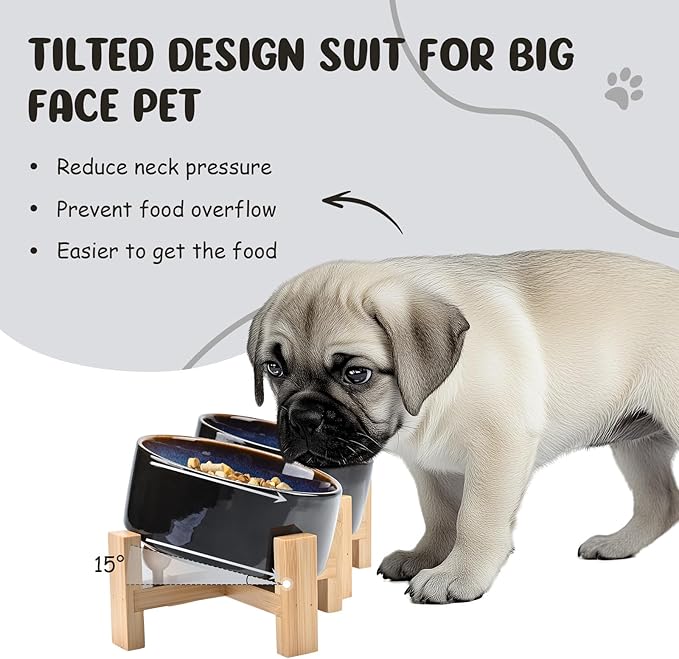SPUNKYJUNKY 15° Slanted Ceramic Dog and Cat Bowl with Wooden Stand, Tilted Bulldog Food and Water Bowl No Slip Non-Spill for Cats Medium Dogs Big Face Pets 28.7 OZ (3.6 Cups, Starry Blue × 2)