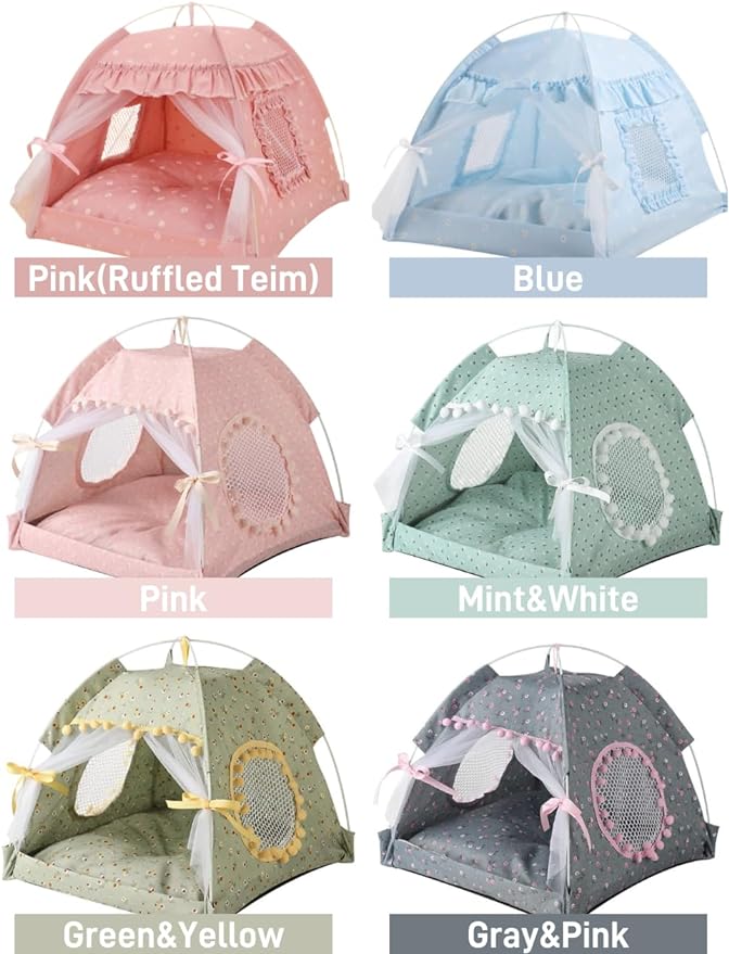 Cat Bed Tents Dog House Indoor Outdoor Lace Mesh Breathable Windows Door Curtains Removable Portable Nest Teepe House (Large,Pink(Ruffled Teim))