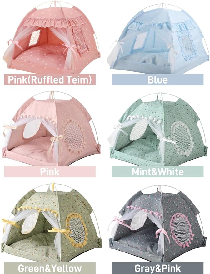 Cat Bed Tents Dog House Indoor Outdoor Lace Mesh Breathable Windows Door Curtains Removable Portable Nest Teepe House (Medium,Mint&White)