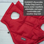 DJANGO Reversible Puffer Dog Coat – Warm Winter Dog Jacket & Water-Repellent Insulated Dog Coat with Harness Hole, Windproof, Adjustable Fit for Small & Medium Dogs, Dachshunds – Lava Red, Small