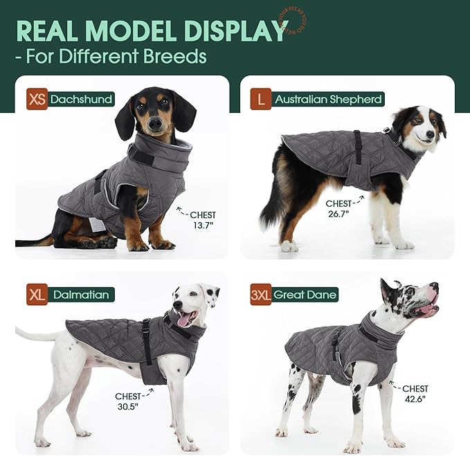 Kuoser Dog Coat Warm Fleece Lining Turtleneck Dog Jacket with Harness Built-in, Adjustable Windproof Cold Weather Coats with Quick Release Buckle Pet Winter Snowsuit for Small Dogs, Grey S