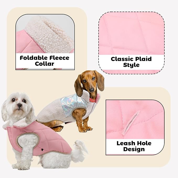 EMUST Dog Coat, Warm Reversible Dog Winter Coat with Fleece Lining, Thick Plush Puppy Coats, Cream, XL