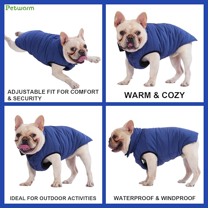 PetWarm Reversible Dog Cold Weather Coats, Waterproof Dog Puffer Vest, Vest for Dogs with Hook-and-Loop Strap, Windproof Outdoor Coat for Winter Walks and Snowy Days, Blue, S