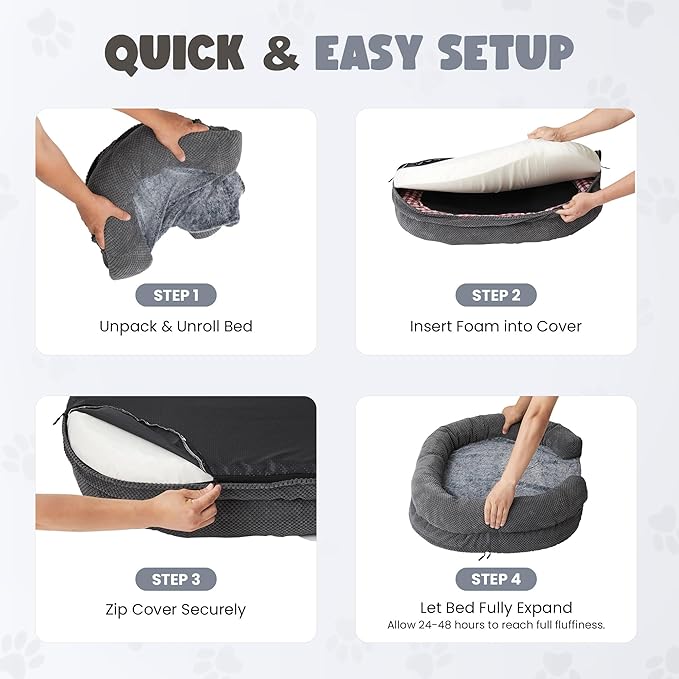Orthopedic Dog Bed for Extra Large Dogs, Extra-Thick 3.6" Foam Fluffy Fur Sofa with Comfortable Sides, Soft and Big Dog Couch Bed with Washable Removable Cover and Non-Slip Oval Bottom, Grey