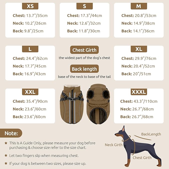 Dog Winter Coat with Harness Built in Warm Puffer Dog Jackets for Small Medium Large Dogs Windproof Waterproof Outfit with Plush Lining and Reflective Stripes (Brown, 3XL)