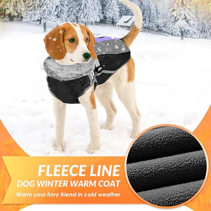 SlowTon Dog Jacket with Harness Built in - Waterproof Fleece Winter Warm Dog Coats for Small Medium Dogs, Reflective Adjustable Furry Puppy Vest Clothes for Outdoor Walking (Purple & Grey, S)