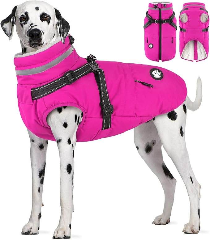 Dogcheer Dog Coat with Harness, Waterproof Dog Jacket Christmas Pet Winter Coat with Pockets, Reflective Doggy Turtleneck Fleece Jacket for Small Medium Large Dogs - Pink, 2XL
