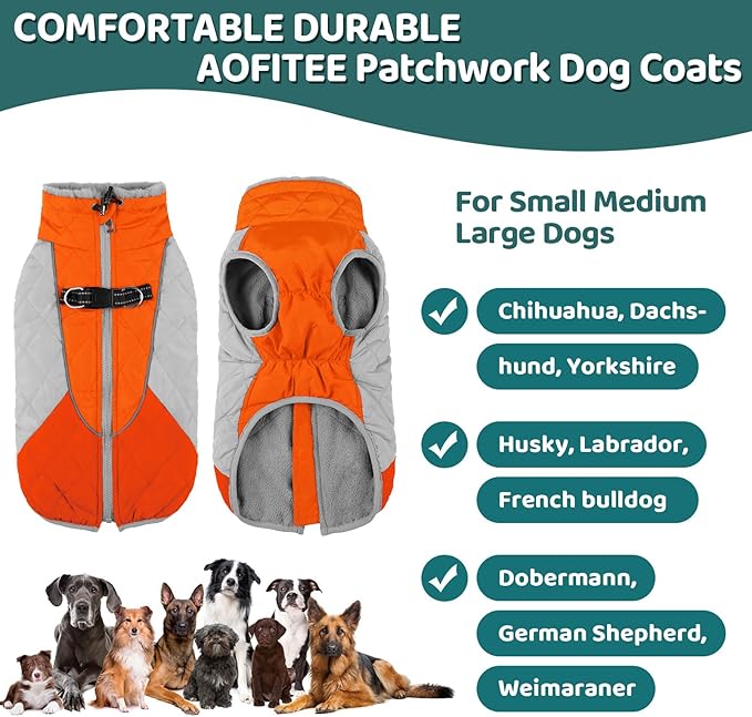 AOFITEE Dog Coat, Dog Winter Coat, Reflective Small Dogs Jacket with Harness Built in and Fleece Lined, Waterproof Pet Winter Jacket Warm Snowsuit for Small Medium Large Dogs, Orange XS