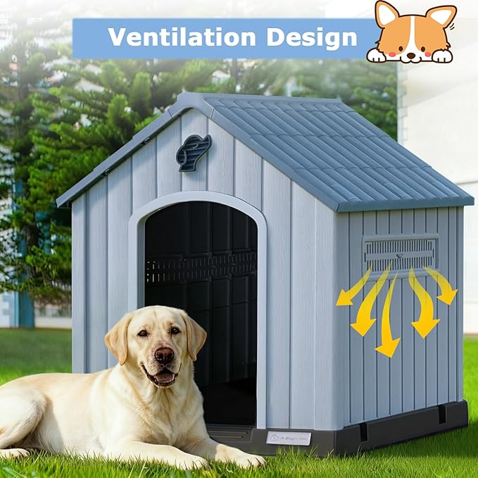 PUKAMI Large Dog House Outdoor Indoor, Plastic Dog House Weatherproof for Large Dogs, Study Puppy Shelter with Air Vents and Elevated Floor, Easy Clean and Assemble (Blue, 31.5"D x 33.5"W x 33.9"H)