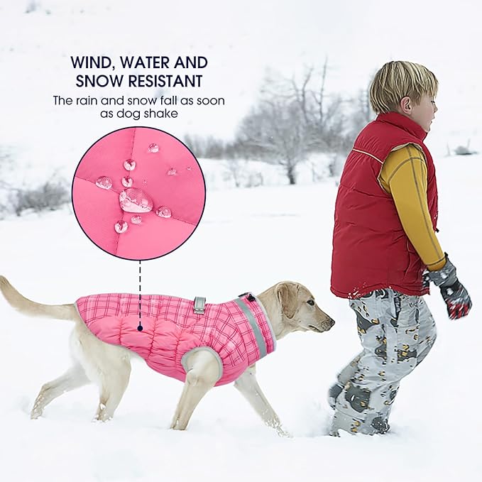 FUAMEY Dog Coat for Large Dogs,Waterproof Dog Winter Jacket with Harness Built in Puppy Cold Weather Coats Reflective Pet Vest with Zipper Warm Fleece Dogs Snowsuit Windproof Rose Plaid 3XL