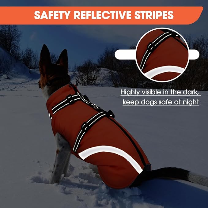 BRKURLEG Dog Winter Jackets for Small Dogs, Dog Coat with Harness Built in, Dogs Snowsuits with Zipper, Waterproof Windproof Pet Puffer Jacket Fleece Vest for Chihuahua, Yorkie, Orange XS