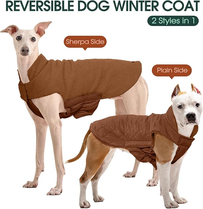 Kuoser Reversible Dog Coat – Warm Fleece & Quilted Waterproof Dog Jacket, Double-Sided Cold Weather Dogs Winter Coat with Harness Hole, Windproof Pet Snow Vest for Small Medium Large Dogs, Brown XS