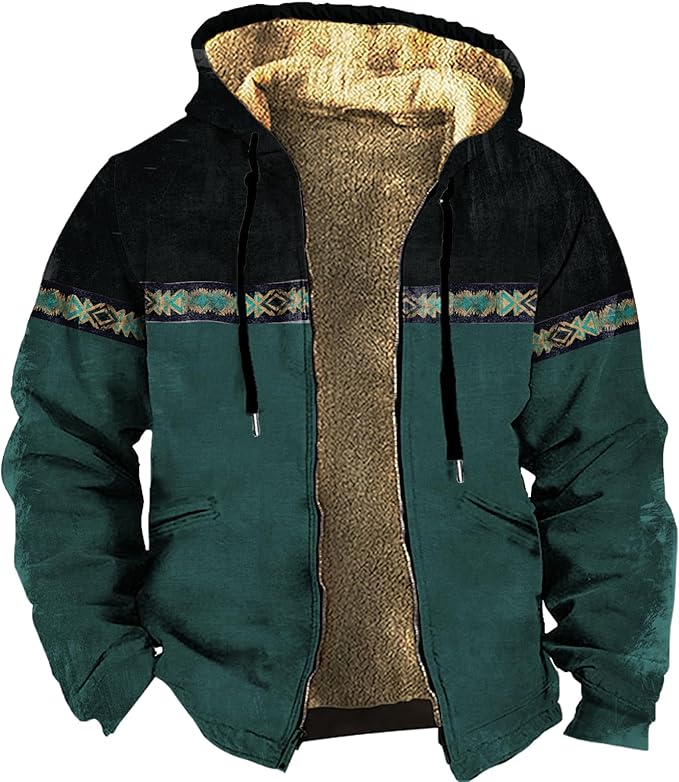 Men's Western Aztec Jackets Hooded Cowboy Hoodie Warm Full Zip Ethnic Vintage Long Sleeve Coat Fall Winter Tops