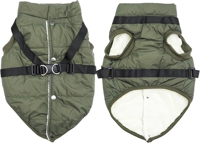 Dog Jacket with Harness,Fleece Lined Warm Puppy Coat for Winter,Soft Windproof Small Dog Vest,Green S
