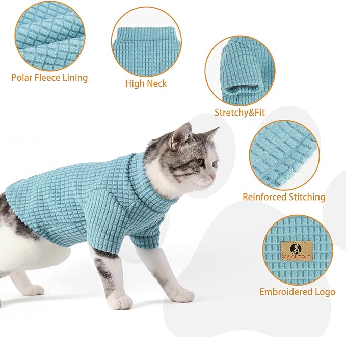 KOOLTAIL Cat Sweater for Sphynx - Soft Fleece Sweaters for Cats Only, Elastic Pet Clothes with Sleeves, Thick Winter Warm Cold Weather Apparel for Hairless Cat, Puppy Pajamas for Small Dogs, Blue S