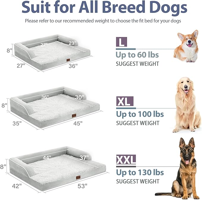 Orthopedic Dog Beds for Large Sized Dogs, Waterproof Egg Crate Foam Large Dog Couch Beds with Comfy Bolster 36x27Inch, Washable Pet Beds with Removable Cover and Nonskid Bottom, Grey White