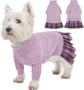 IECOii Girl Dog Sweater Dress - Cable Knit Dog Sweater for Small Dogs Girl - Purple,Medium, Turtleneck Pullover Sweaters with Tartan Plaid Skirt, Adorable Warm Dog Knitted Dress for Christmas