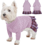 IECOii Girl Dog Sweater Dress - Cable Knit Dog Sweater for Small Dogs Girl - Purple,Medium, Turtleneck Pullover Sweaters with Tartan Plaid Skirt, Adorable Warm Dog Knitted Dress for Christmas