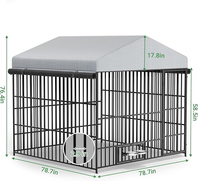6.6 x 6.6 x 6.4 ft Outdoor Dog Kennels - Outside Dog Run Kennel with Waterproof Roof, Heavy Duty Outdoor Dog Enclosure with Rotating Feeding Bowls