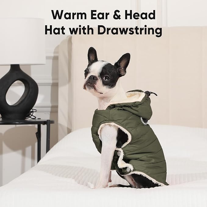 Fleece Lining Dog Hoodie with Harness Built in,Extra Warm Large Dog Jacket in Winter Doggie Coats with Drawstring Hooded,Green XXL