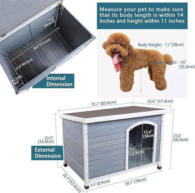 Petsfit Large Dog House, Wooden Outdoor Dog Kennel w/Hinged Roof, Weatherproof Dog Houses for Small Dogs Outside w/Adjustable Foot Pads, 33.7" L X 22.6" W X 23" H, Grey