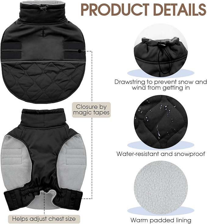 FUAMEY Extra Large Warm Dog Coat Waterproof, Adjustable Sherpa Jackets for Dogs Sow Outdoor, Turtleneck Doggy Vest with Fleece Lined, Thermal Pet Winter Outfits (Black, XL)