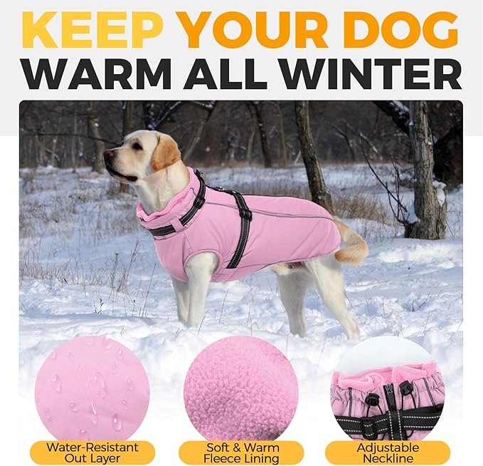 Lelepet Waterproof Dog Jacket with Harness Built in Warm Dog Winter Coat, Reflective Jacket Fleece Jacket, Windproof Dogs Coats for Small Dogs, Thermal Pet Snowsuit for Cold Weather, Yorkshire, Pink S