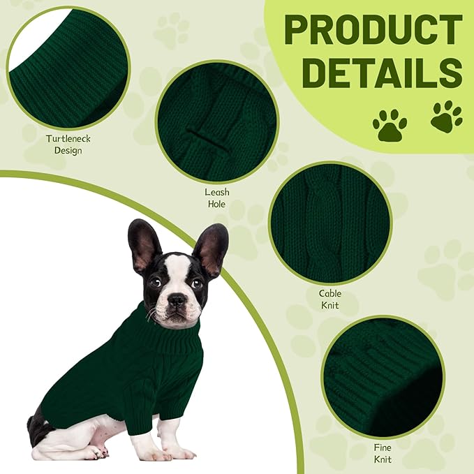 Small Dog Thermal Pullover Sweater, Classic Turtleneck Cable Knitwear Dog Clothes for Cold Weather Warm Pet Clothes for Chihuahua, Bulldog, Dachshund, Pug Green Large