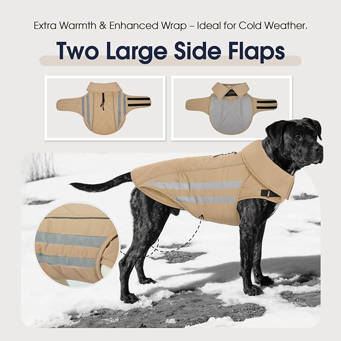 IECOii Dog Fleece Jacket - Reflective & Waterproof Jackets for Dogs, Adjustable Winter Coat for Snow Rain Warmth, German & Shepherd, Khaki, Sizes 2XL