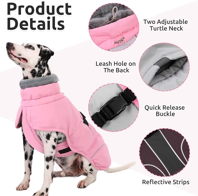 Queenmore Dog Winter Jacket, Fleece Lining Doggie Vests for Winter, Dog Coats for Medium Dogs Waterproof, Puppy Snowsuit with Leash Hole, Pink, M