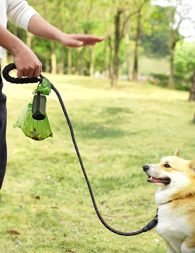 Gobeigo Dog Poop Bag Holder for Leash, Large Opening for Easy Pull Out, Doggy Poo Bag Dispenser with Used Waste Bag Carrier Suitable for Any Retractable Leash with 15 Unscented Bags (Army Green)