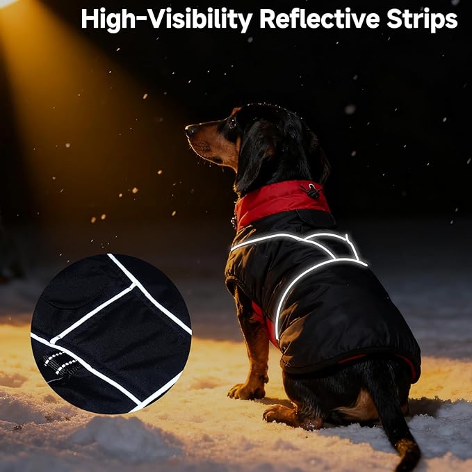 DORA BRIDAL Dachshund Coat, Fleece Lined Dog Winter Coat, Warm Dog Coats with Reflective Strips, Adjustable Waterproof Pet Jacket Clothes, S