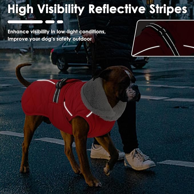 Dog Coat, Waterproof Dog Winter Jacket with Adjustable Buckle, Reflective Turtleneck Pet Snow Vest Warm Fleece Sweater for Small Medium Large Dogs - Red, M
