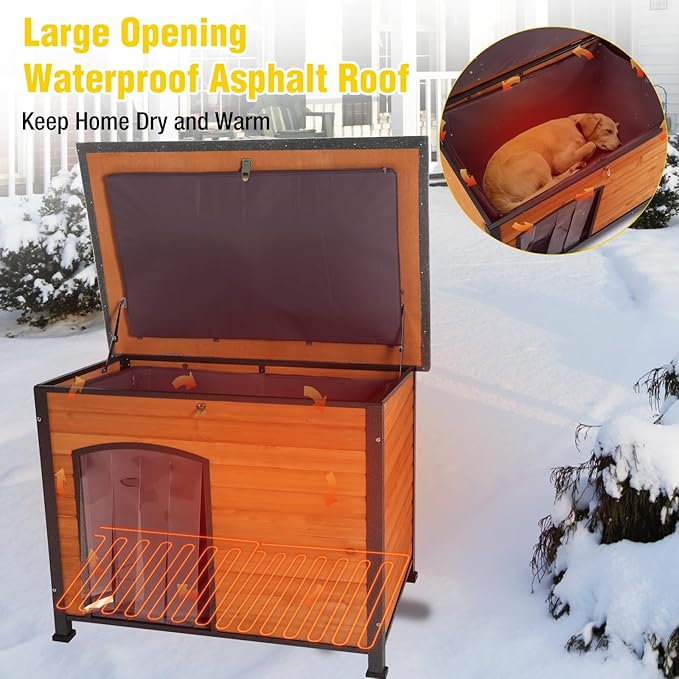 Aivituvin Heated Dog House Outdoor 43.3" Insulated Dog Kennel with Electric Heating Pad Keep Warm in Winter, Strong Iron Frame Pet Shelter,Weather-Resistant