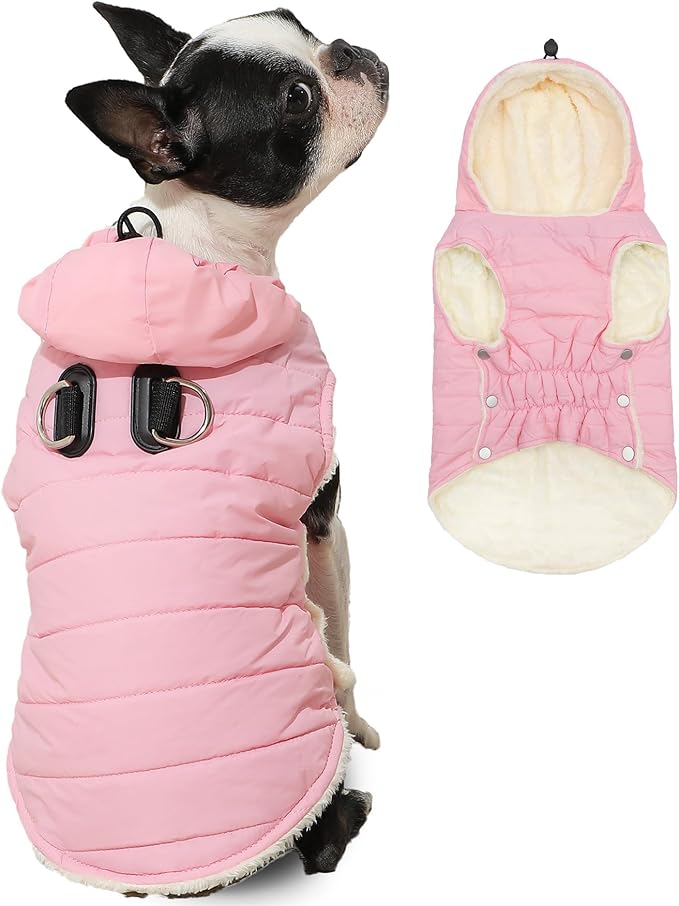 Fleece Lining Dog Hoodie with Harness Built in,Extra Warm Large Dog Jacket in Winter Doggie Coats with Drawstring Hooded,Light Pink XXXL