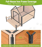 GUTINNEEN Insulated Dog House Outdoor, Waterproof Dog Kennel with Anti-Bite Design, Asphalt Roof, Elevated Base, PVC Curtain, for Small to Medium Dogs - Brown