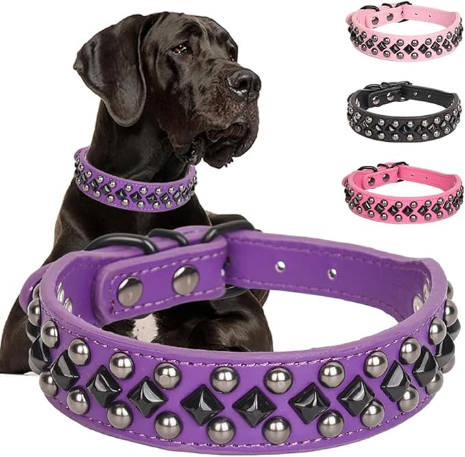Serijoars Spiked Studded PU Leather Dog Collar for Small, Medium, Large Breeds, Pit Bull, Bully, Husky, Terrier, Adjustable (Purple, M (32-38CM))