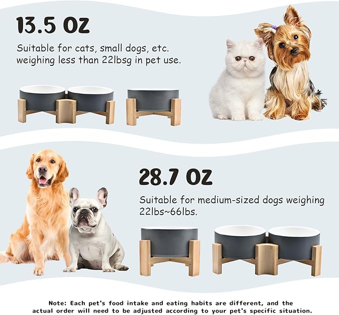 SPUNKYJUNKY 15° Slanted Ceramic Dog and Cat Bowl with Wooden Stand, Tilted Bulldog Food and Water Bowl No Slip Non-Spill for Cats Medium Dogs Big Face Pets 28.7 OZ (3.6 Cups, White-Grey × 2)