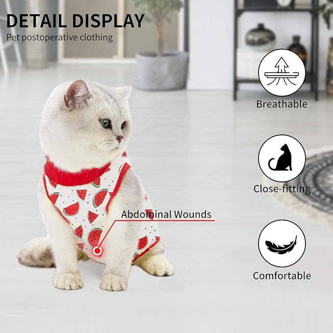 Cat Professional Surgical Recovery Suit,E-Collar Alternative for Cats Dogs,After Surgery Wear, Pajama Suit,Home Indoor Pets Clothing (M (6-8 1bs), Watermelon)