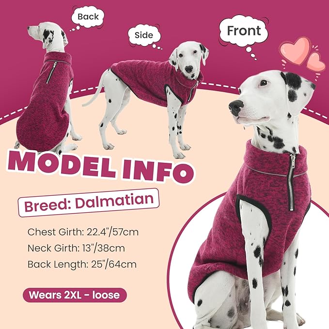 ROZKITCH Dog Sweater, Knit Dog Jacket with Fleece Lining, Dog Coats for Small Dogs with Zipper Opening for Harness, Fleece Dog Jacket Adjustable Neck Reflective Pet Jacket Rosered L