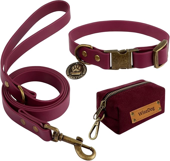 Wisedog Dog Collar and Leash Set, Waterproof Adjustable Puppy Collars with Cute Tag 6FT Dog Leash with Poop Bag for Small Medium Large Dogs (L, Burgundy)