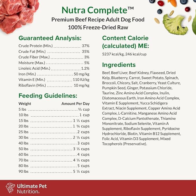 ULTIMATE PET NUTRITION Nutra Complete, 100% Freeze Dried Raw Veterinarian Formulated Dog Food with Antioxidants Prebiotics and Amino Acids (1 Pound, Beef)