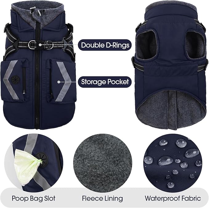 FUAMEY Small Winter Coat for Dogs with Harness, Thermal Dog Jackets Reflective Vest, Warm Clothes Puppy Cover for Cold Weather, Turtleneck Puppies Outfits Zip Up, Bichon Frise (Dark Blue, S)