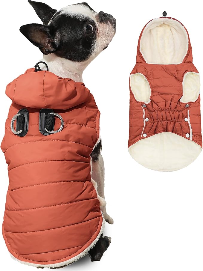 Fleece Lining Dog Hoodie with Harness Built in,Extra Warm Small Dog Jacket in Winter Puppy Coats with Drawstring Hooded,Orange XS