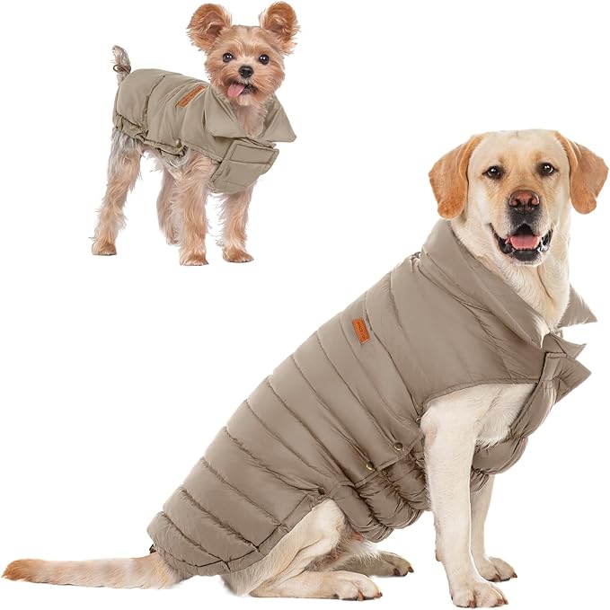 SPACE LION Dog Puffer Jacket, Down Winter Coat, Durable Outdoor Coat for Cold and Windy Conditions, Waterproof, Lightweight Jacket, Adjustable Fit for Small, Medium, Large Dogs(Khaki,14/L)