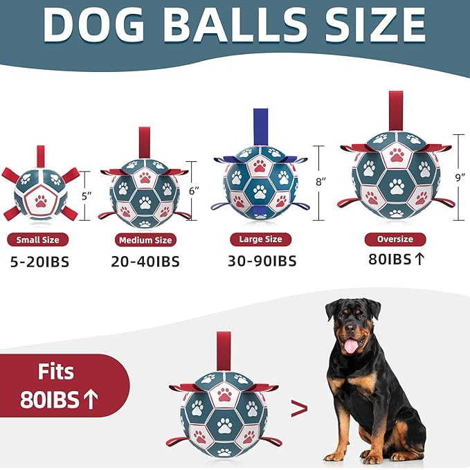 QDAN Extra Large Soccer Ball with Straps, Interactive Dog Toys for Tug of War, Puppy Birthday & Water Toy, Large Dog Balls - Blue & Red (9 Inch)