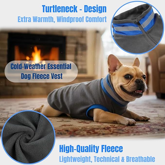 Winter Classic Warmth Dog Fleece Vest Sweater, Soft Sweaters for Small Dogs with Back-Zipper, Turtleneck Puppy Vests Sweatshirt, Pet Coat Clothes with Reflective Strip for Chihuahua, Yorkie(Gray, XS)