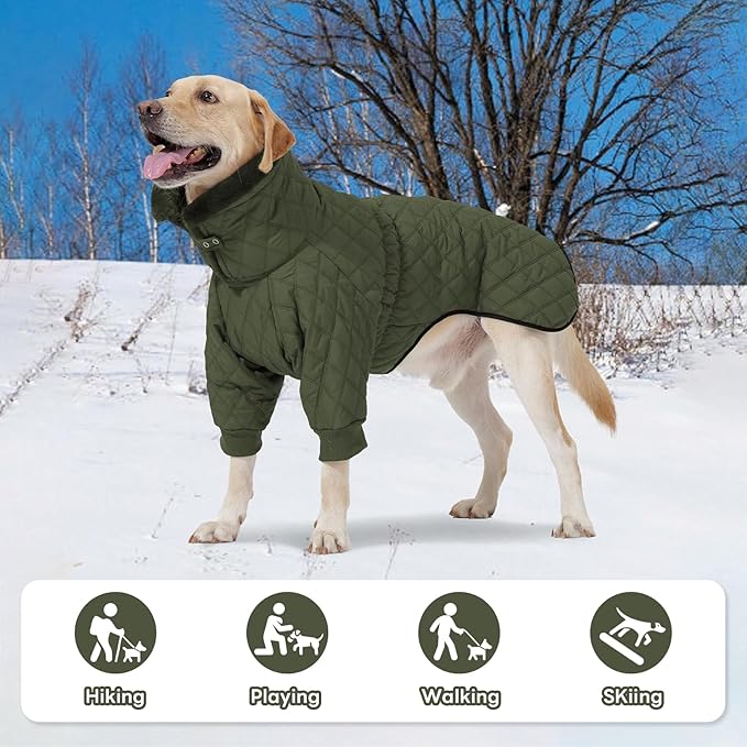 IDOMIK Dog Winter Coat for Large Dogs, Warm Dog Winter Jacket with Fleece High Collar, Zippered Cold Weather Coats for Dogs, Waterproof Doggy Snow Jacket Clothes,Green,3XL