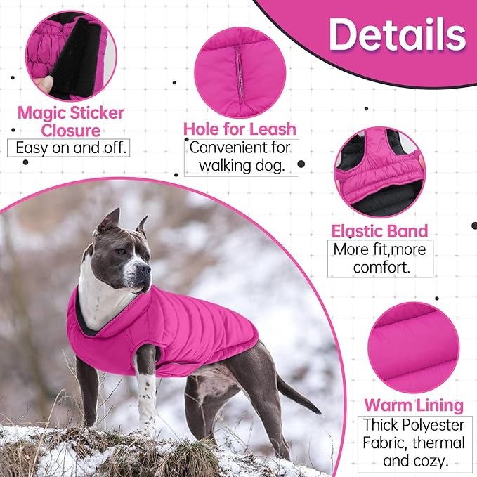 Lelepet Reversible Dog Coat Waterproof Dog Jacket Windproof Puffer Vest for Winter Warm Lightweight Coats for Small Dogs Adjustbale Hook & Loop Pet Apparel with Leash Hole, Chihuahua, Rose Red, XS