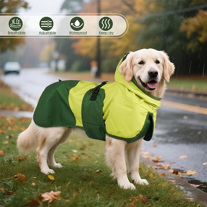 BRKURLEG Dog Raincoat for Small Medium and Large Dogs Waterproof Dog Rain Jacket Adjustable Hooded Dogs Raincoat Pet Rain Coat Poncho with Leash Hole, Reflective Strip, Green, S